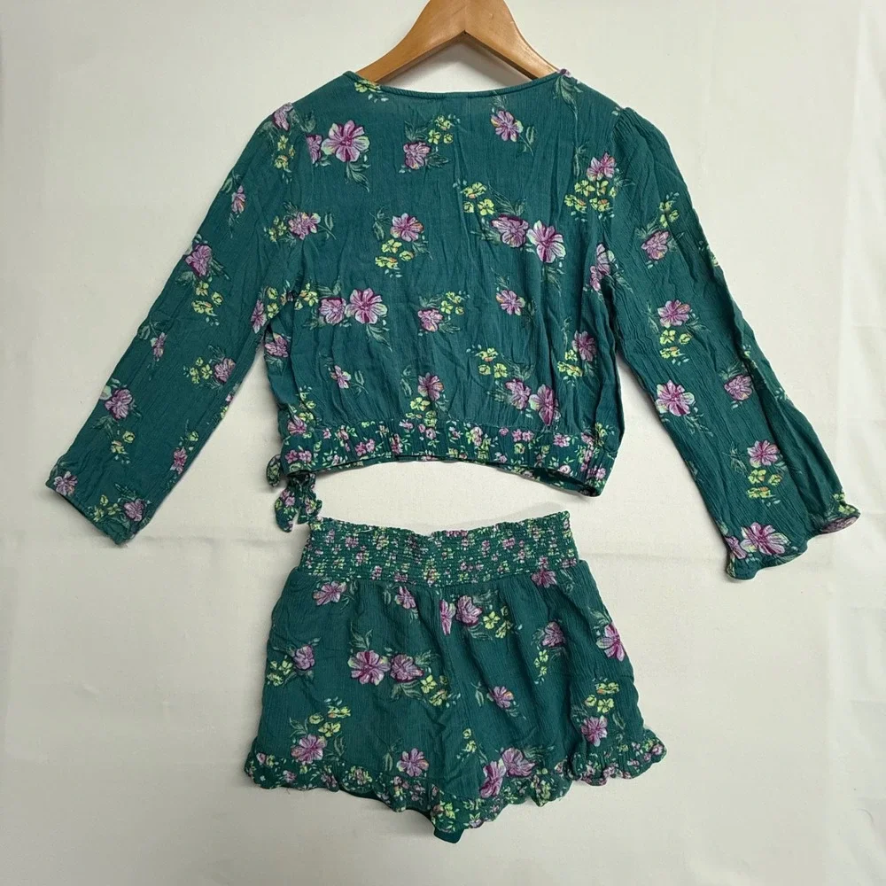 Justice Girls L 12/14 Floral 2 Pc Shorts Set Wrap Crop Top Green Boho Outfit